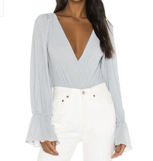 Tularosa Dusty Blue Wrap Top Bodysuit XS Pirate Sleeves Pleated Boho $158 NEW